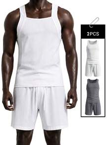 Rest Era Manfinity Men's Basic Casual Fashionable Comfortable Ribbed Fabric Black & White 2-Piece Vest & Shorts Loungewear Set - Black and White - View 1