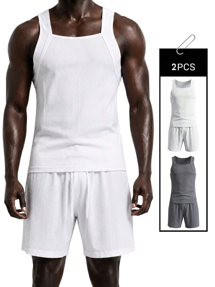 Rest Era Manfinity Men's Basic Casual Fashionable Comfortable Ribbed Fabric Black & White 2-Piece Vest & Shorts Loungewear Set - Black and White - View 1