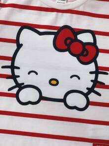 HELLO KITTY AND FRIENDS | SHEIN 女童條紋圓領短袖休閒T恤 - 白色 - 查看 4