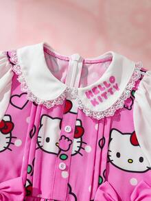HELLO KITTY AND FRIENDS | SHEIN Gaun Lengan Panjang Kerah Peter Pan Motif Kartun untuk Anak Perempuan - Berwarna merah muda - View 4