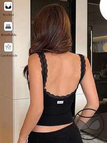 DAZY Women's Lace Patchwork Hollow Back Fitted Solid Color Sleeveless Camisole Tank Top - Black - View 4