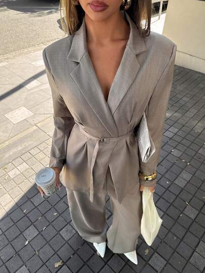 Aloruh Khaki Woven Jacket & Pants Suit Set