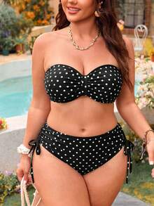 Swim Mod Plus Size Women 2pcs Random Polka Dot Print Casual Swimwear Set - Black and White - View 5