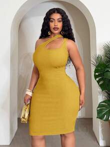 Veslaya 2026 Spring/Summer Women's Plus Size Yellow Textured Elastic Asymmetric Strap Fitted Short Dress - Yellow - View 5