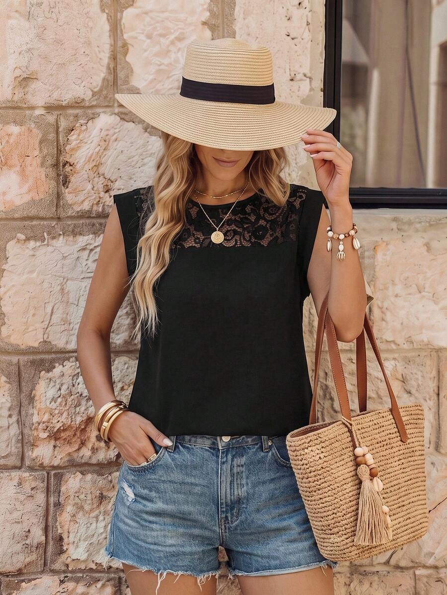 EMERY ROSE Summer Casual Solid Color Lace Patchwork Sleeveless T-Shirt Vacation Black - Black - View 1