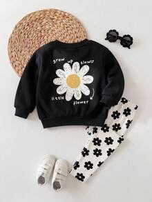 2pcs Baby Girl Floral Pattern Knit Soft Crew Neck Long Sleeve Sweatshirt And Long Pants Set - Black - View 1
