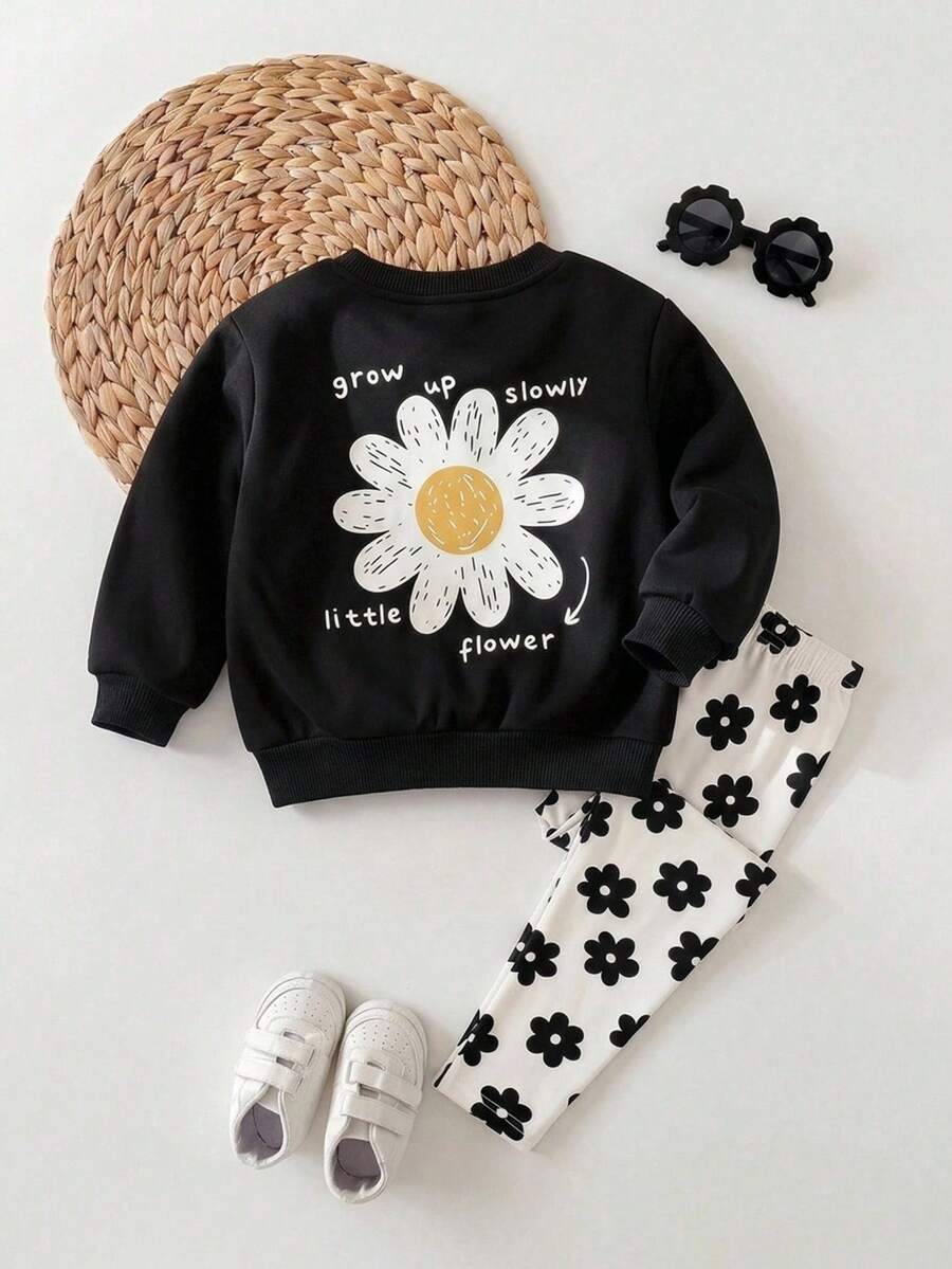 2pcs Baby Girl Floral Pattern Knit Soft Crew Neck Long Sleeve Sweatshirt And Long Pants Set - Black - View 1