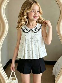 SHEIN Elladie kids 2件組少女波點無袖上衣與純黑色短褲夏季套裝，彼得潘領百褶上衣附蝴蝶結裝飾，柔軟面料套裝 - 黑色 - 查看 1