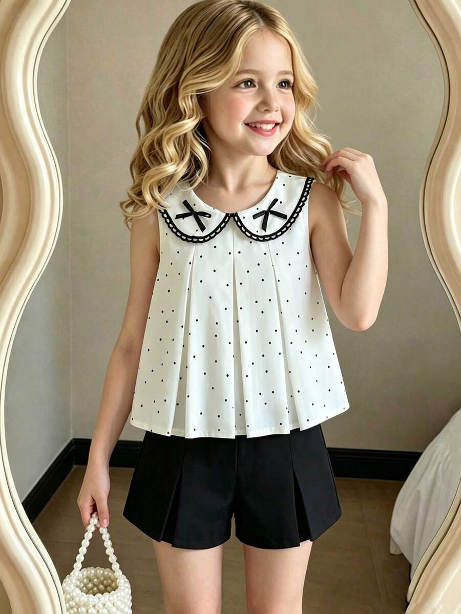 SHEIN Elladie kids 2件組少女波點無袖上衣與純黑色短褲夏季套裝,彼得潘領百褶上衣附蝴蝶結裝飾,柔軟面料套裝 - 黑色 - 查看 1