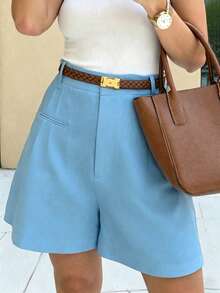 SHEIN PariChic Celana Pendek Kasual Longgar Wanita Warna Polos dengan Desain Lipit - Biru - View 3