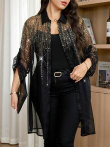 Reflora Plus Size Vacation Print Single-Breasted Sheer Fashion Shirt - Black - View 5