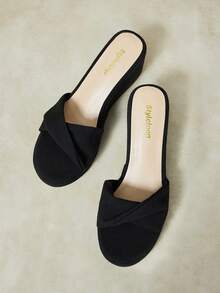 Styleloop Ladies Shoes, Linen Texture, Black, Open-Toed, Wedge Sandals, Retro Style, Suitable For Summer French Casual Vacation Wear - Black - View 5