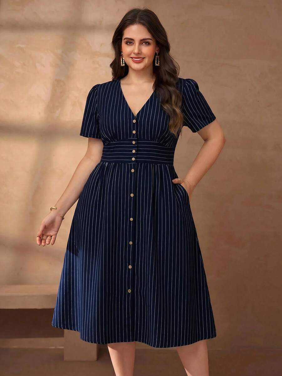 Chikora Plus-Size Women's Summer Short-Sleeved Mid-Length Dress With Pockets, Navy Blue V-Neck Fitted Waist Slimming Elegant, Perfect For Work Brunch Vacation - Navy Blue - View 1