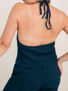 Ximena Robles Ximena Robles Textured Fabric Pleated Halter Top And Loose Wide Leg Pants Set Elegant Summer - Teal Blue - View 3