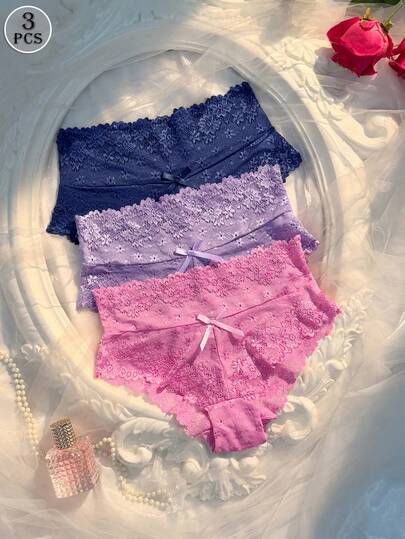 SHEIN 3pcs/Set Romantic Sexy Lace Patchwork Women's Panties Bowknot Triangle Panty Set