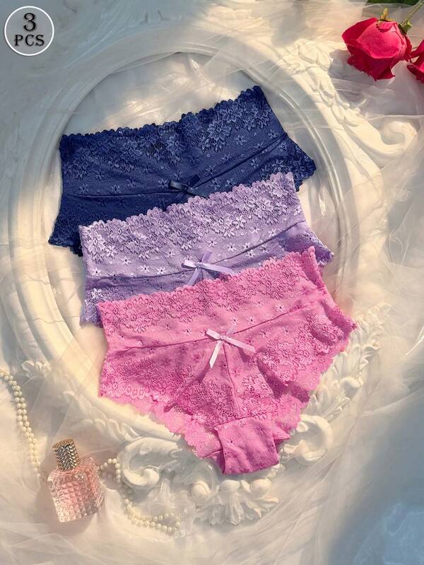 SHEIN 3pcs/Set Romantic Sexy Lace Patchwork Women's Panties Bowknot Triangle Panty Set