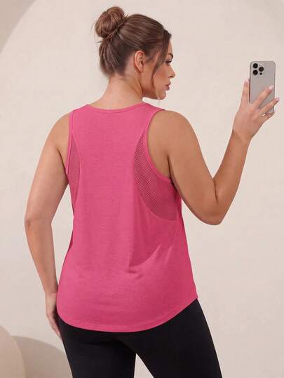 Easithlete Plus Size Women's Simple Solid Color Patchwork Breathable Mesh Curved Hem Sports Tank Top Workout Curve Gym Loose Activewear Hot Pink Summer