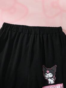 HELLO KITTY AND FRIENDS | SHEIN Setelan 2 potong: Kaos Lengan Pendek Leher Bulat Bergambar Kartun Lucu untuk Anak Perempuan dan Celana Pendek Longgar - Hitam dan Putih - View 6