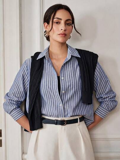 Anewsta Women's New Elegant Commute Long Sleeve Loose Striped Shirt, Office, Elegant