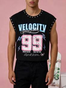 FROVYX Vintage Racing Style Rivet Metal Decor Black Cropped Tank Top, Suitable For Fashion-Forward Young People Seeking Individuality - Black - View 3