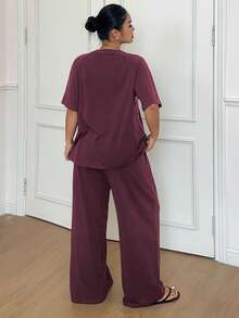 Dazy Plus Minimalist Cute Cartoon Print Raglan Sleeve Loose Fit Loungewear Pajama Set For Women, Spring/Summer, Plus Size - Red Violet - View 5