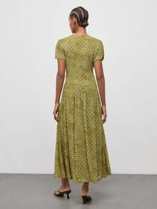 Maija Vestido elegante vintage francés casual de verano para mujer con lunares verdes, para escapada urbana, uso diario, fiesta, cita, brunch y té - Verde Oliva - Ver 2