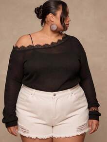 SHEIN CURVE+ Großes lässiges asymmetrisches Schulter-Spitzen-Strick-Top, vielseitiges T-Shirt für Herbst und Winter - Schwarz - Übersicht 5