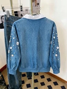 SHEIN LUNE 女款牛仔效果水鑽印花二合一長袖運動衫 - 藍色 - 查看 2