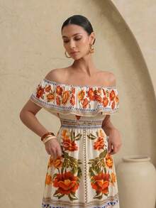 Swim Oasis Elegant Fashionable Unique Design Vacation Dress With High Slit, Off-The-Shoulder Square Neckline, Comfortable Skin-Friendly Full Skirt For Women - Multicolor - View 3