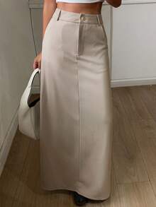 DAZY Solid Color Fitted A-Line Long Slit Elegant Casual Vacation Spring Autumn Women's Skirt - Khaki - View 3
