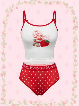 Ensemble soutien-gorge et culotte imprimé de fraises de dessin animé pour femmes, vêtements de Noël