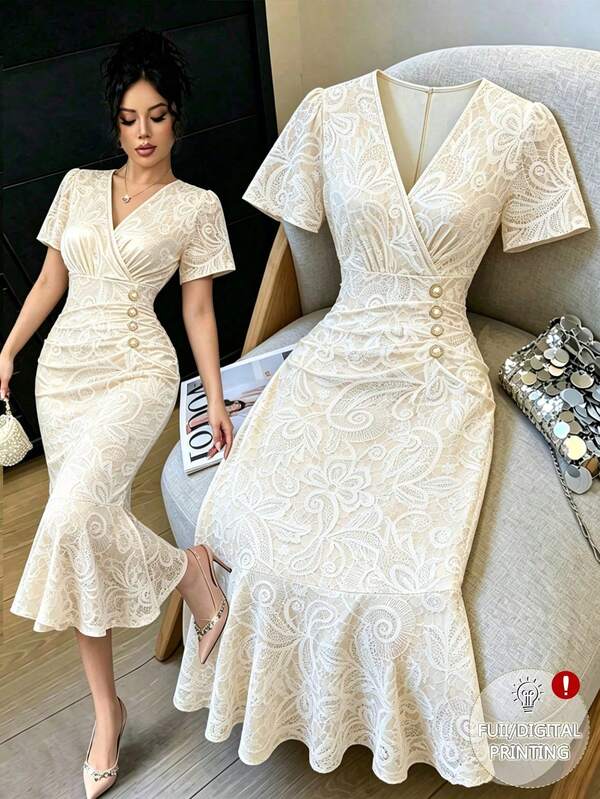 Elenzga Elegante vestido blanco de encaje estampado con cuello en V, manga corta, corte ajustado tipo sirena con cintura ceñida, ajuste estilizado, vestido de lujo para ir a la oficina y citas para mujeres