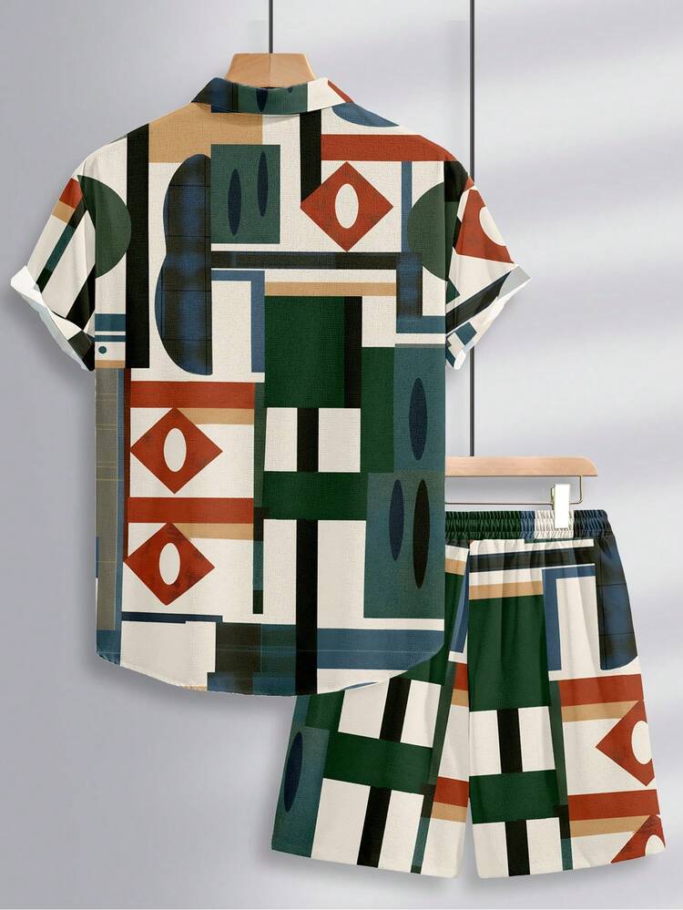Alderstead Textured Fabric Two Piece Set, Geometric Print Short Sleeve Shirt And Shorts, Vacation, Beach, Daily Outfit For Men And Women, Unique Pattern Design - Multicolor - View 2
