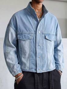 Manfinity Roghcode Men's Long Sleeve Single-Breasted Casual Workwear Pocket Denim Jacket - Blue - View 5