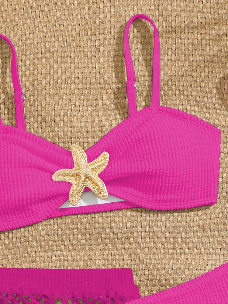 SHEIN Girls Elegant Minimalist Bikini Set With Starfish Pattern Decor, Paired With Ruched Beach Skirt 3-Piece Swimsuit, Suitable For Vacation, Beach, Swimming, Ideal Summer Swimwear For Teenagers - Hot Pink - View 4