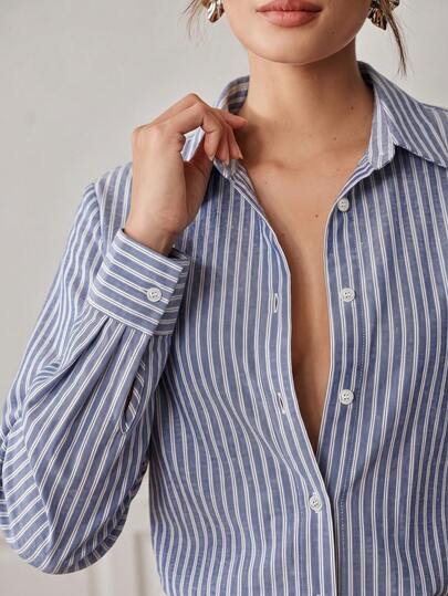 Anewsta Women's New Elegant Commute Long Sleeve Loose Striped Shirt, Office, Elegant