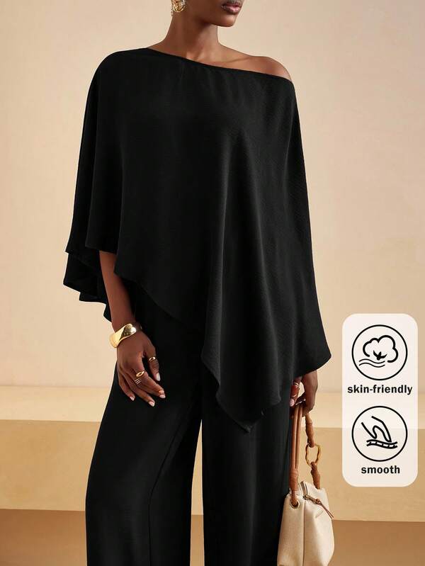 SHEIN Tall CURVE CURVE Plus Size Women's Tall Girls Black Asymmetric Collar Top And Wide Leg Pants 1950s Vintage Eleganza 2 Pieces Set Slimmer High-Waisted Summer Tank