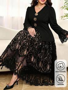 SHEIN Clasi 大尺碼女款兩件套，優雅花卉網格拼接外套與裙子，適合四季穿著 - 黑色 - 查看 1