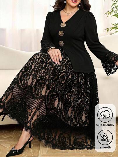 SHEIN Clasi Plus Size Women's 2-Piece Set, Elegant Floral Mesh Patchwork Jacket And Skirt, Suitable For All Seasons