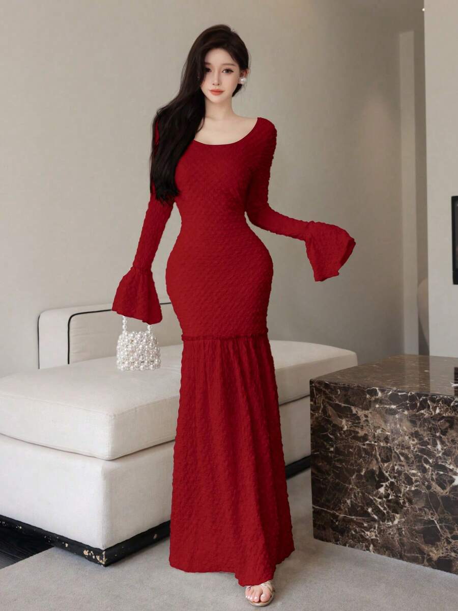 Modelyn 女士 U 领喇叭袖拼接鱼尾紧身优雅约会晚礼服 - 酒紅色 - 查看 1