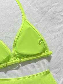 SHEIN 女童兩件式比基尼套裝，螢光綠抓皺紋理布料掛脖上衣，中腰三角泳褲，低彈性親膚海灘度假泳裝，時尚休閒精緻，適合游泳、夏季假期、海灘、海邊、泳池、夏季度假派對、休閒度假 - 黃色 - 查看 5