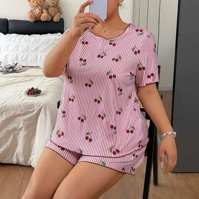 プラスサイズ レディース ルーズ 快適 かわいい ストライプ チェリー 小花柄 半袖 ショーツ パジャマセット