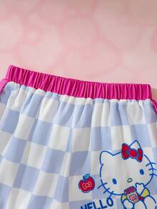 HELLO KITTY AND FRIENDS | SHEIN 少女卡通印花條紋拼接圓領T恤與格紋短褲套裝 - 白色 - 查看 6