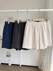 Comfortcana Conjunto de 3 piezas de pantalones cortos de lino de unicolor/multicolor cómodos casuales versátiles talla grande para primavera/verano - azul real - Ver 3