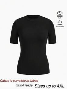 SHEIN BASICS Plus Size Casual Baggy Solid Color Short Sleeve T-Shirt Old Money Basic Back To School Going Out Formal Home Wear Summer Black - Black - View 6