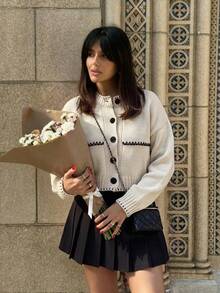 Women Stitch Detailed Front Button Stripe Pattern Cardigan - Apricot - View 3