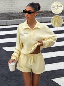 Muchica New Autumn Women's Casual Athleisure Sweatshirt Set In Goose-Yellow Knit Fabric, Featuring A Printed Design. - Pale Yellow - View 1
