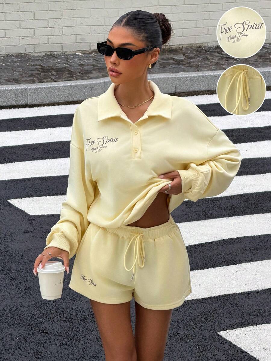 Muchica New Autumn Women's Casual Athleisure Sweatshirt Set In Goose-Yellow Knit Fabric, Featuring A Printed Design. - Pale Yellow - View 1