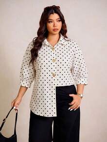 Elaquor Plus Size French Fashion Metal Heart Buckle Polka Dot Print Blouse - White - View 9