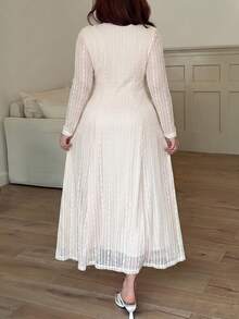 Feyla Plus Size French Elegant Embroidered Long Sleeve Square Neck Evening Wedding Guest Party Dress Wedding Beige Autumn - Apricot - View 2